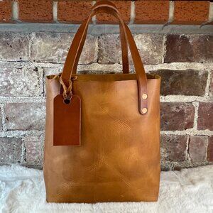 KMM & Co. Distressed Brown Leather Large Tote Bag With Large Fob Tag